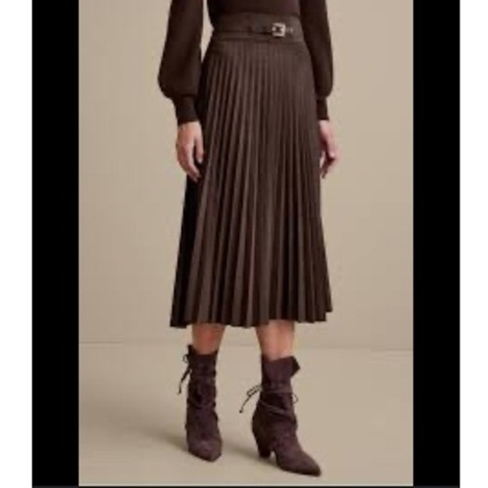 Soft Surroundings Levina Pleated Faux Suede Midi Skirt Belted Dark Brown szXL
